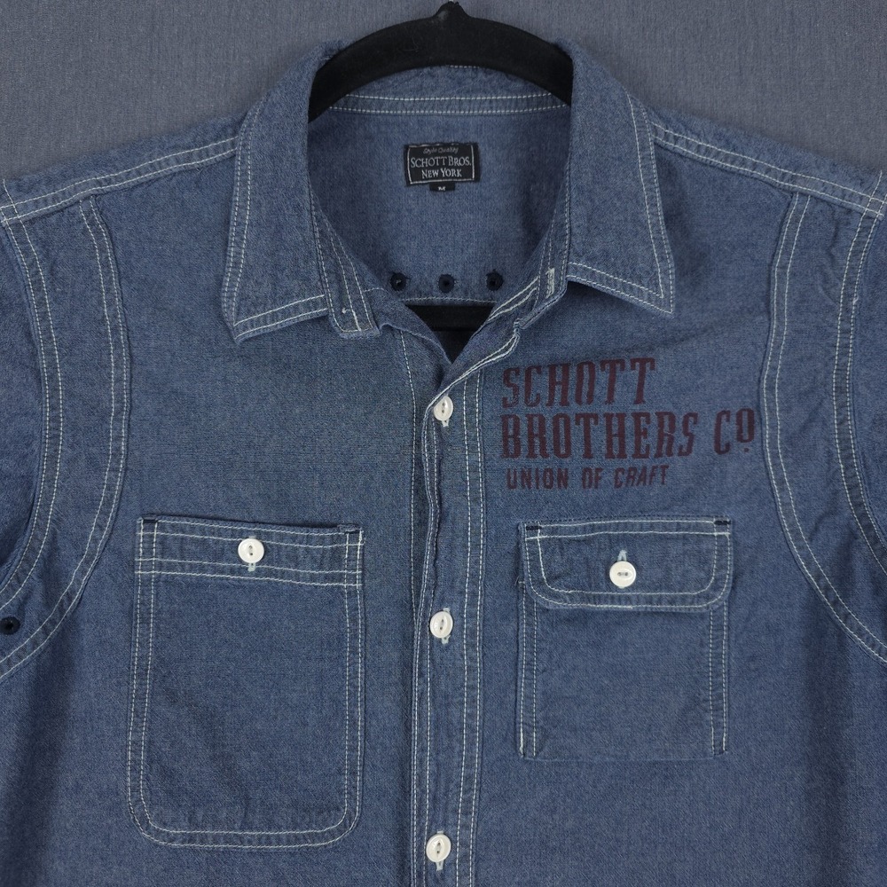 Schott Bros NYC Work Shirt Mens Medium Indigo Blue Short Sleeve Eagle Button Up